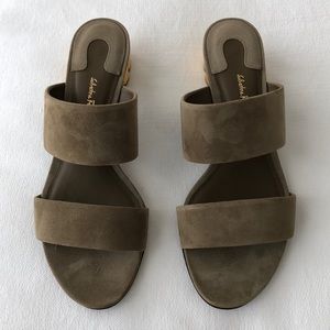 Salvatore Ferragamo two band flower heel sandal.